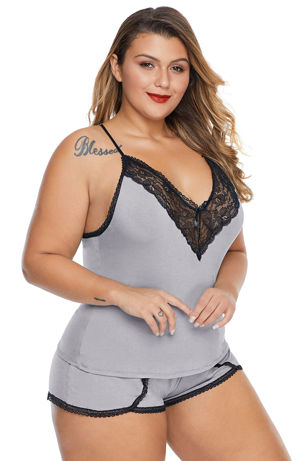 Gray plus size pajama camisole and shorts set for women by Lavender Pallas, comfortable sleepwear with a relaxed fit.