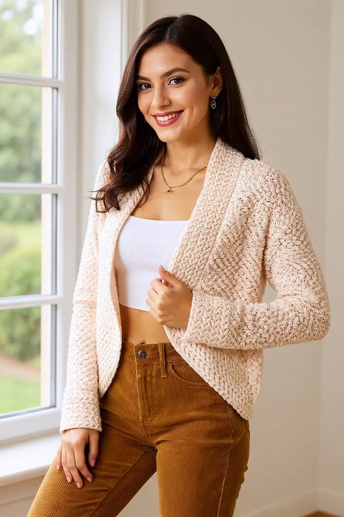 Pear Daisy Double Take open front long sleeve cardigan, cozy knit sweater for home and casual wear, in soft neutral tones.