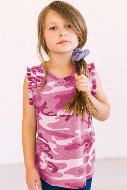 Camo print flounced armholes Little Girls’ tank top by Jade, featuring a stylish camo design and playful flounced details.
