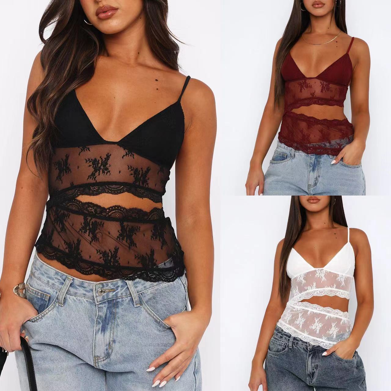 Pear Daisy lace stitched backless small sling women V-neck tank top underwear, shown in a close-up of the stylish design and fabric.