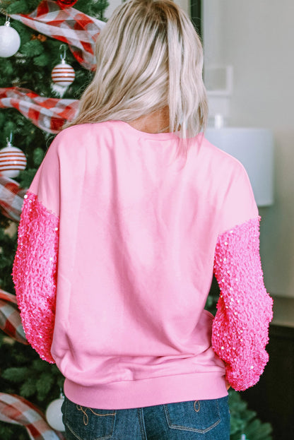 Pink Valentines LOVE chenille embroidered sequin sleeve sweatshirt by Harlequin Daisy, cozy bath and beauty apparel with decorative details.