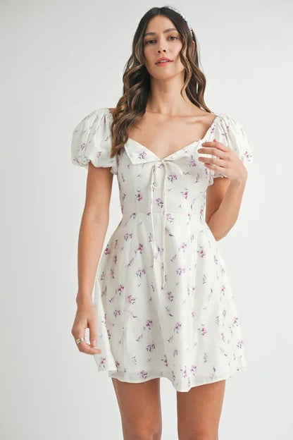 Pear Daisy floral print puff sleeve mini dress, lightweight and stylish, perfect for casual wear and garden parties.