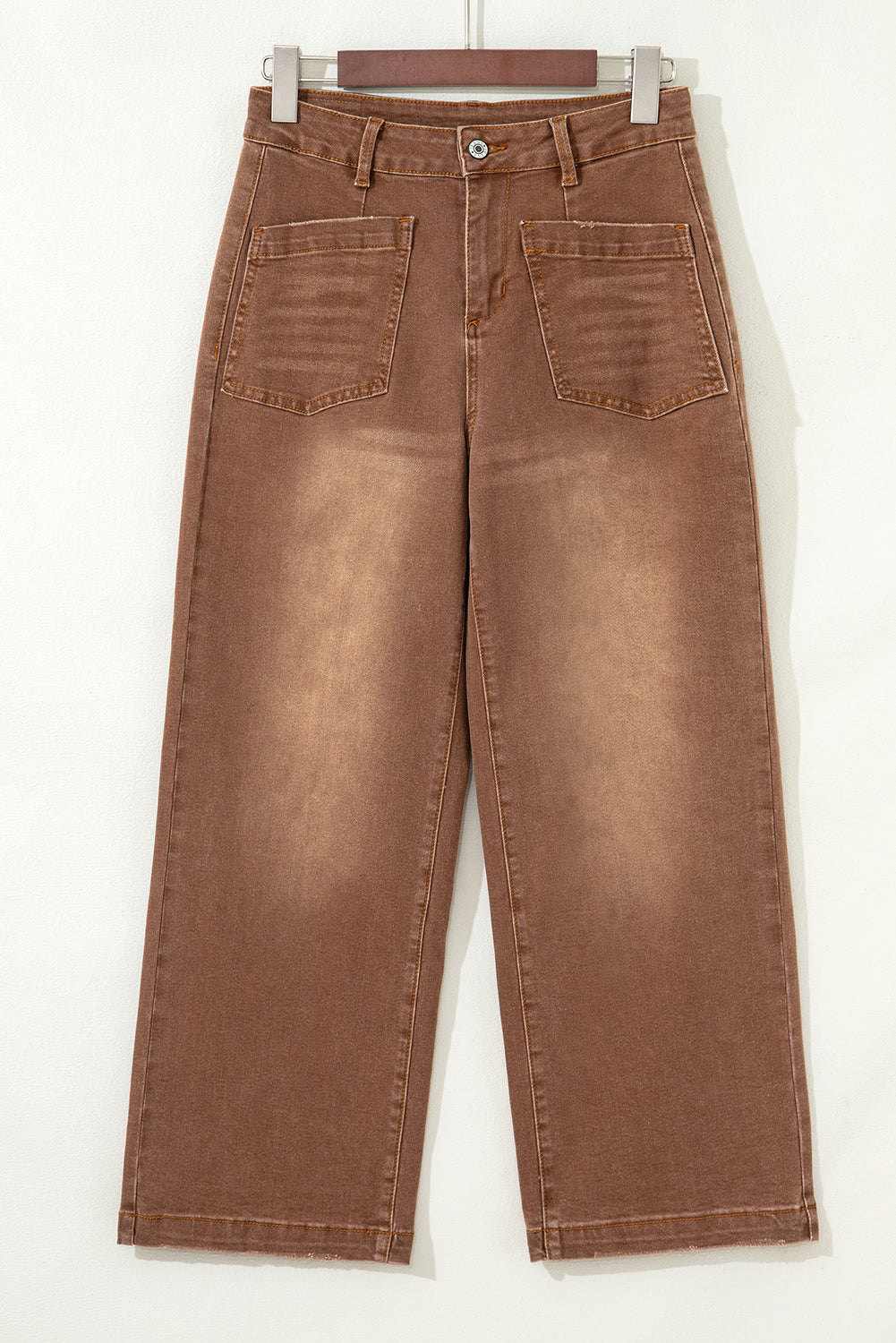 Byzantium Bay denim high waist straight leg jeans with patch pockets, showcasing classic blue denim and modern fit.