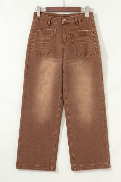 Byzantium Bay denim high waist straight leg jeans with patch pockets, showcasing classic blue denim and modern fit.