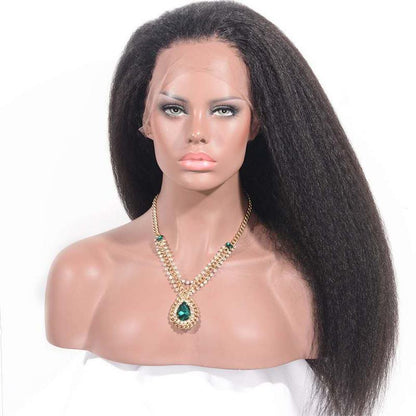 Kinky straight 13x6 transparent lace frontal Brazilian human hair wig by Cerise Alfie with natural hair texture and lace front detail