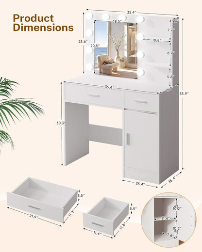 Luxurious White Vanity Desk Featuring Dimmable Mirror