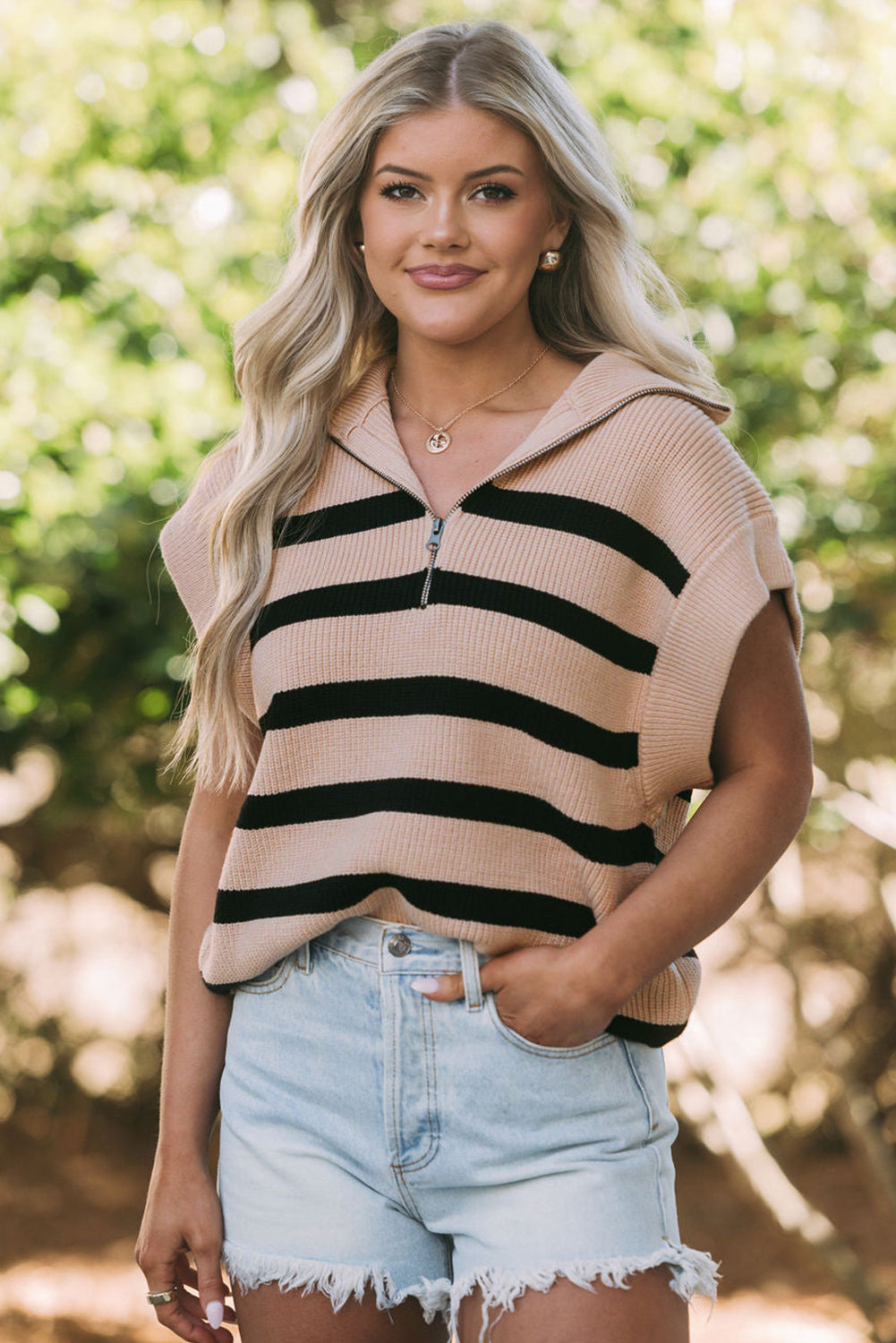 Khaki stripe zipped collar short sleeve sweater by Harlequin Daisy, featuring a stylish design and comfortable fit.