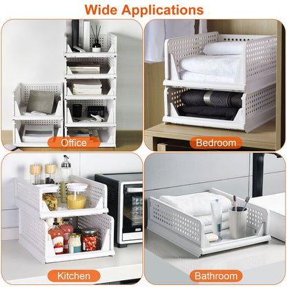Four stackable plastic storage boxes with slide rails by Pear Daisy, ideal for organizing living room essentials.