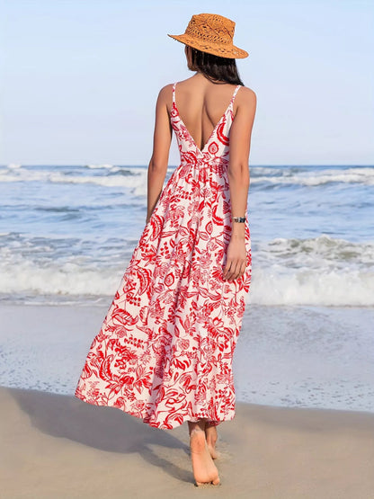 Printed spaghetti strap midi dress by Pear Daisy, showcasing a stylish, flowy design perfect for casual or semi-formal occasions.