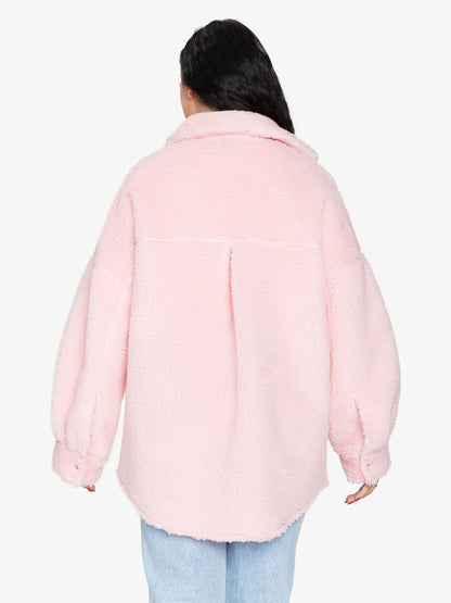 Rose Eleusis oversized patch pocket borg teddy shacket featuring a plush, textured exterior and relaxed fit, perfect for cozy layering.