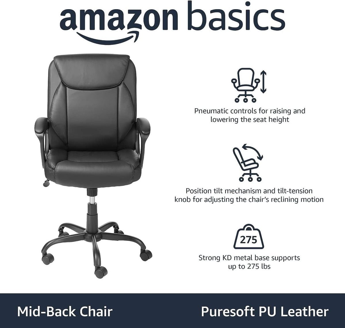 Black PU Mid-Back Office Chair Height Adjustable Ergonomic
