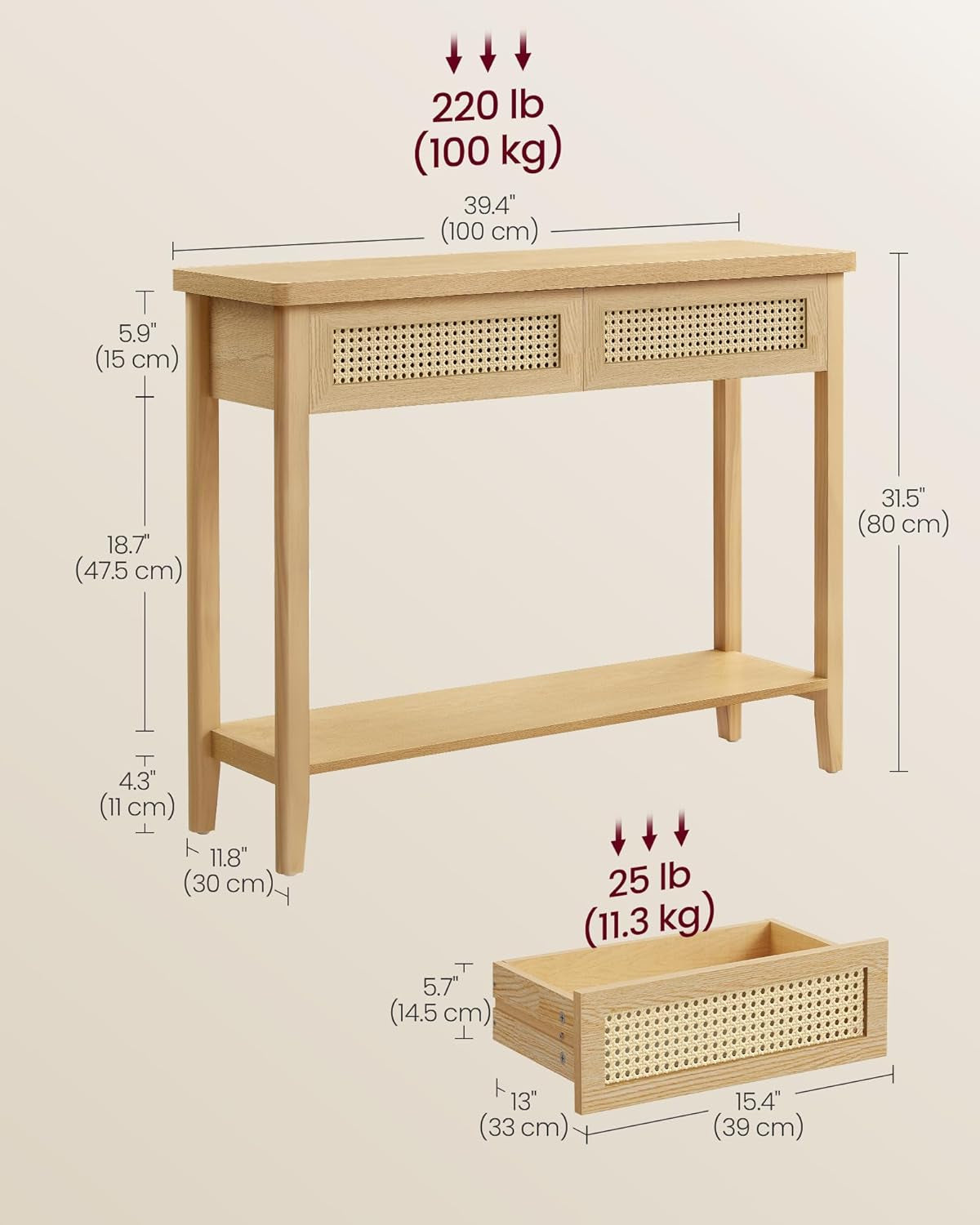 Oak Beige Generous Console Table Featuring Drawers
