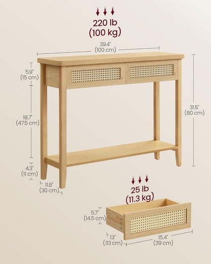 Oak Beige Generous Console Table Featuring Drawers