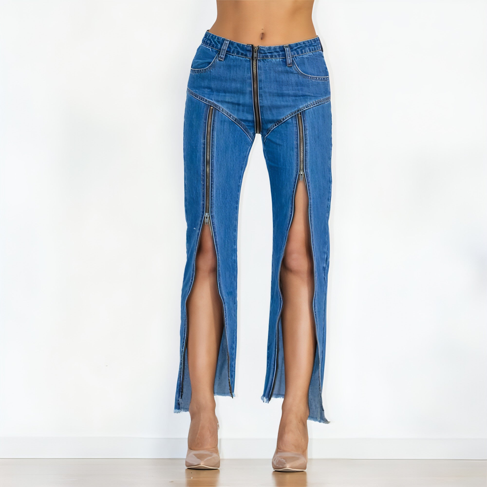 Dark blue UrbanEase™ women zipper jeans by Carmine Juneberry featuring a slim fit denim design with front zipper detail.
