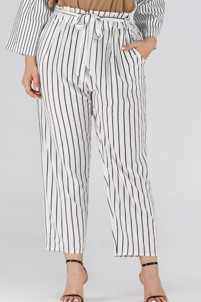 Pear Daisy striped paperbag waist cropped pants, stylish casual pants with a high waist and relaxed fit, ideal for home and garden wear.