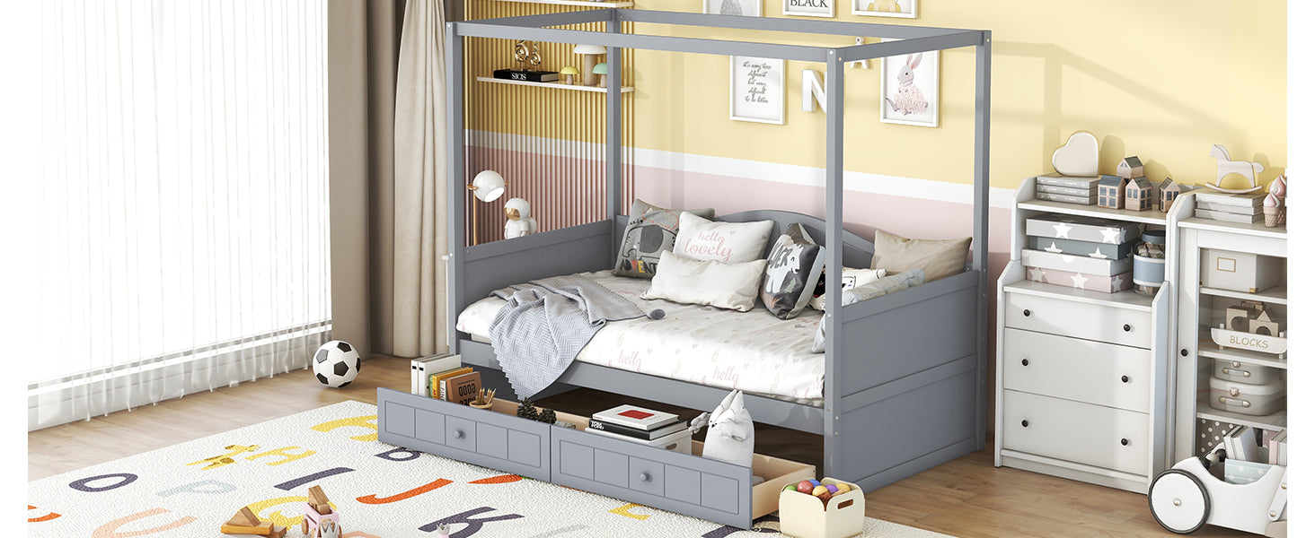 Sangria Beech twin size canopy day bed with built-in drawers, wooden bed frame with canopy and storage for bedroom decor.
