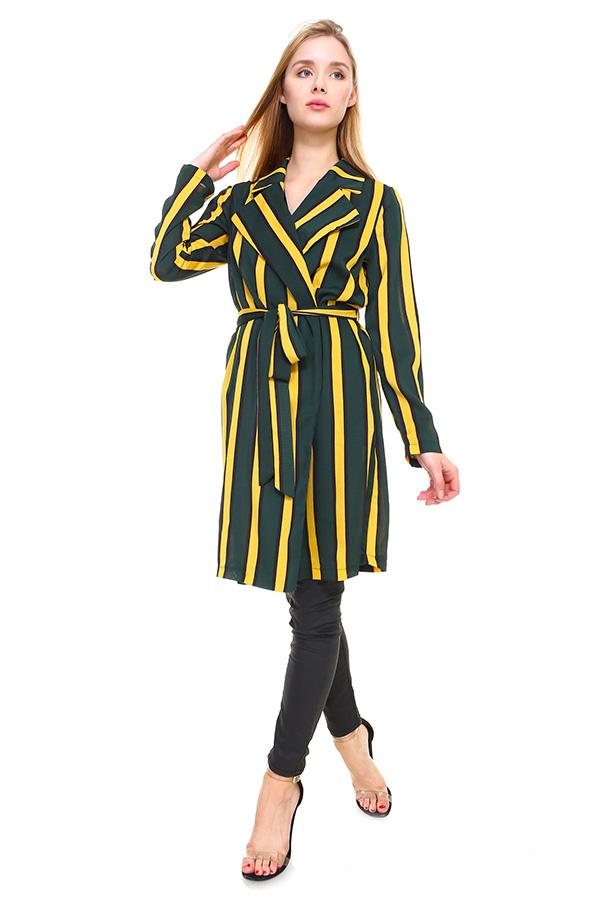 Women’s multi stripe long blazer by Indigo Arrowwood, tailored fit, featuring vibrant striped pattern and classic lapel collar.