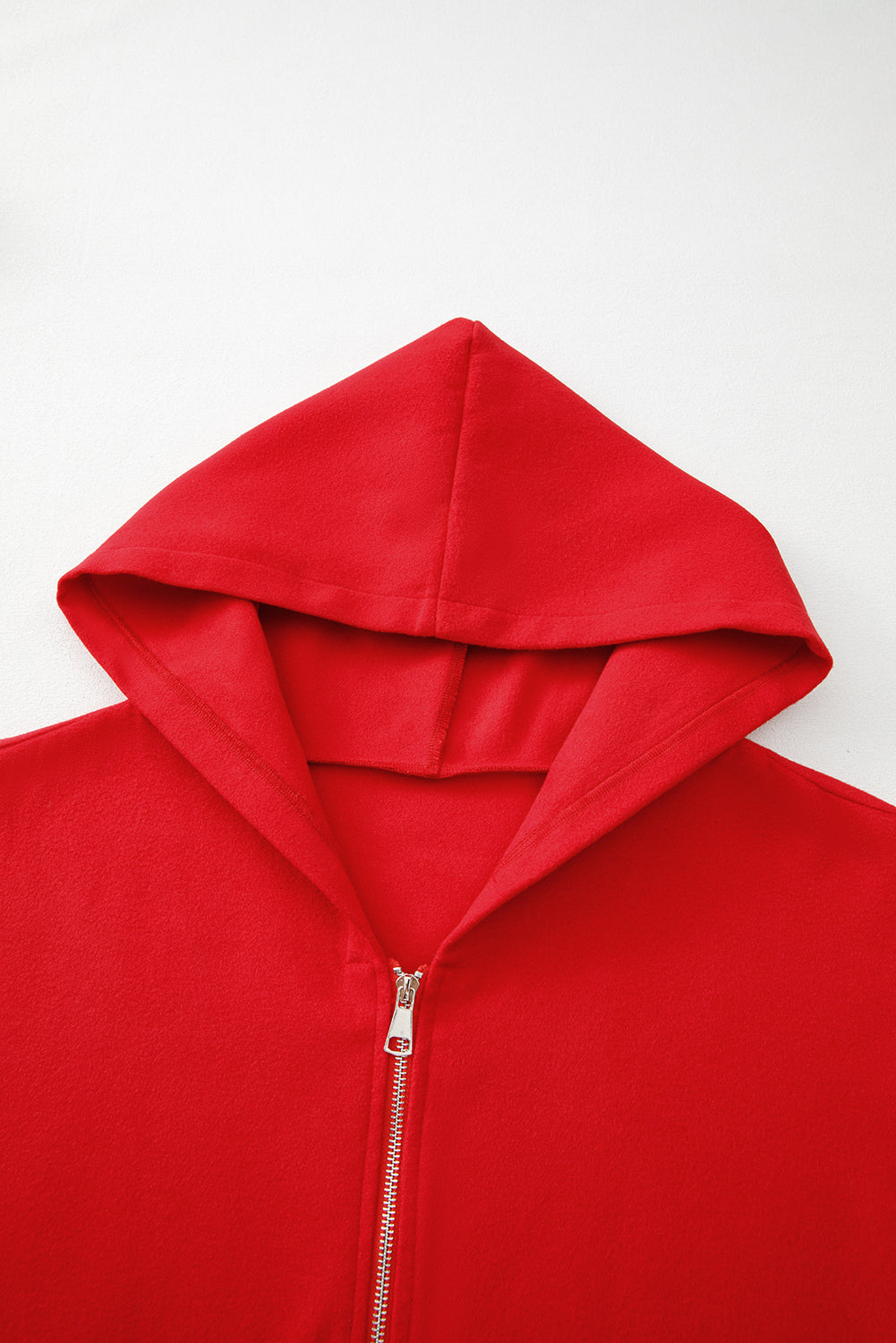 Carmine Juneberry fiery red solid color casual zip-up hooded coat, front view showcasing the jacket&