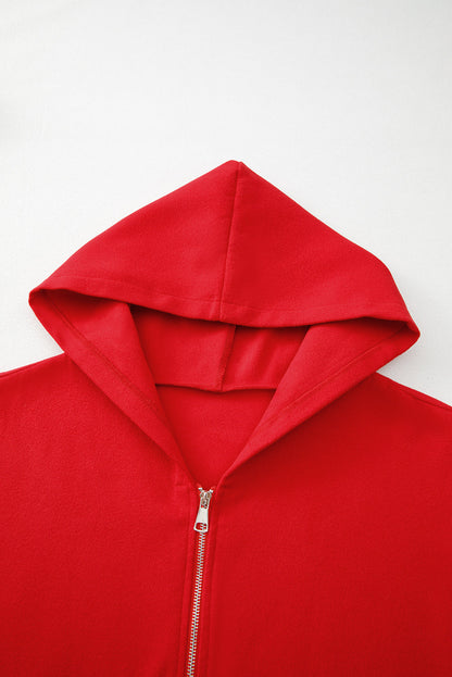 Carmine Juneberry fiery red solid color casual zip-up hooded coat, front view showcasing the jacket&