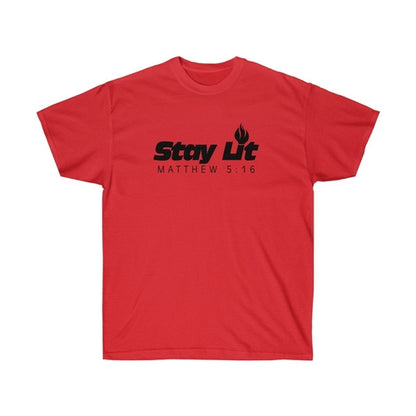 Unisex Stay Lit Olive Dionysus T-shirt with Matthew 5:16 scripture, featuring a casual religious-themed tee with printed design.