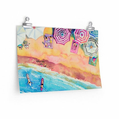 Colorful Day at the Beach premium matte poster by Yellow Pandora, featuring vibrant beach scene for home decor.
