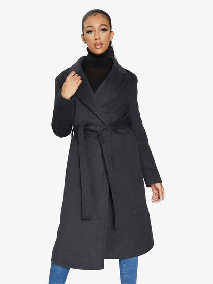 Rose Eleusis belted longline duster coat, stylish jacket with a belt and long silhouette, suitable for layered winter fashion.