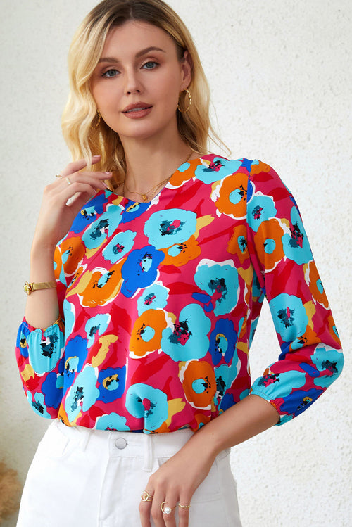 Carmine Juneberry floral print V-neck blouse with multicolor roses and 3/4 sleeves, perfect for casual or semi-formal wear.