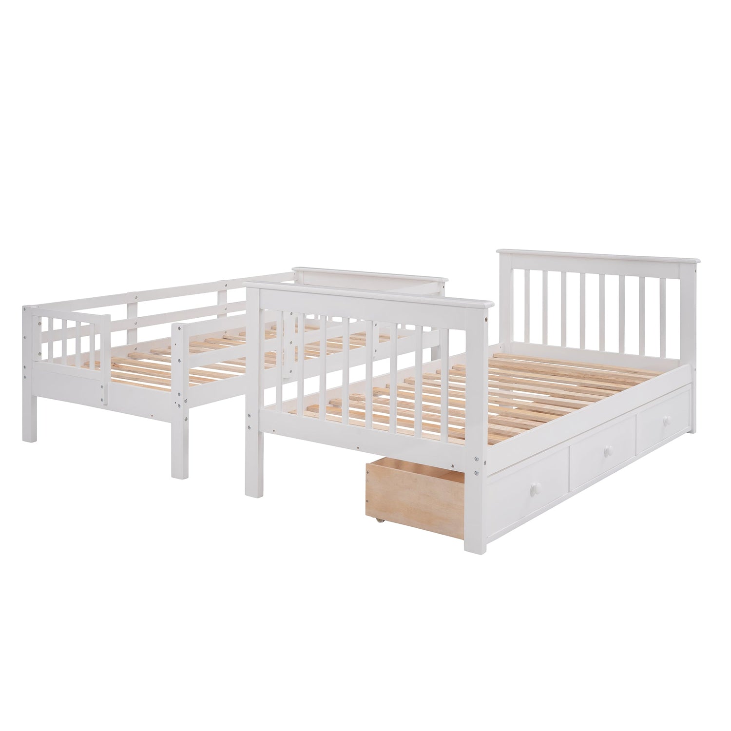 Sangria Beech twin-over-twin bunk bed with three built-in drawers, ideal for bedroom or dorm room storage and sleeping space.