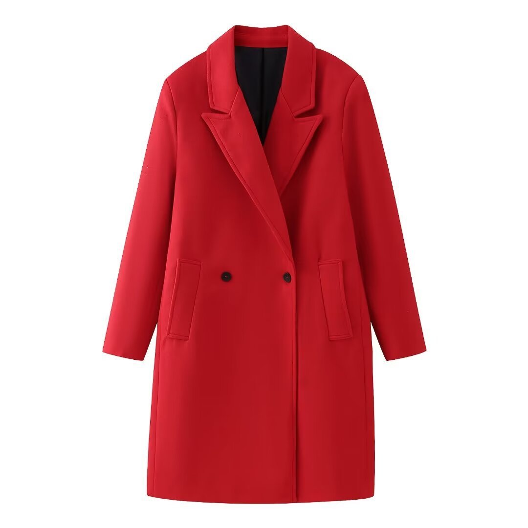 Red double-breasted long coat by Carmine Juneberry, stylish overcoat with a tailored fit, ideal for cold weather fashion.