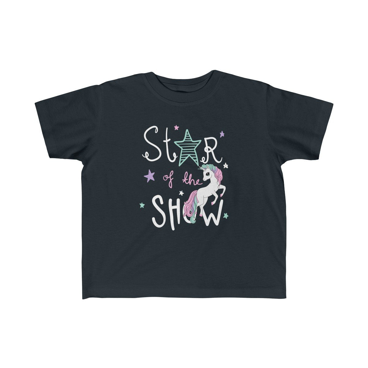 Pink unicorn graphic T-shirt for girls by Plum Charlie, featuring a playful star of the show design for kids&