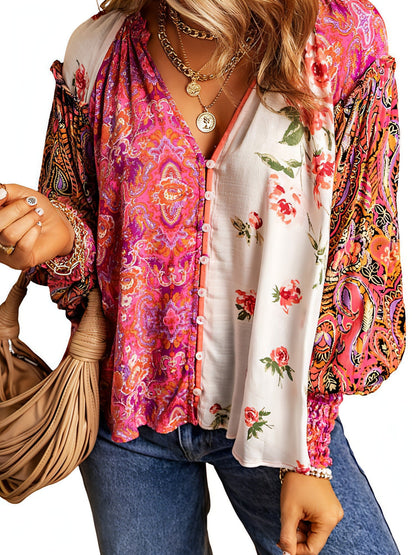 Floral print dress shirt for women by Carmine Juneberry, featuring a stylish design in a tops and blouses category.