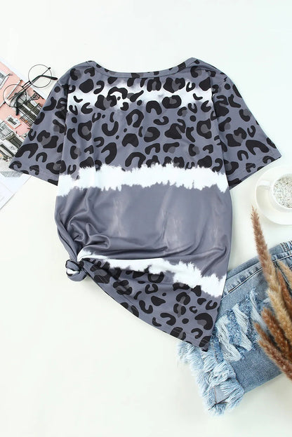 Leopard print V-neck short sleeve T-shirt from Pear Daisy, suitable for casual home and garden wear, with a stylish animal pattern.