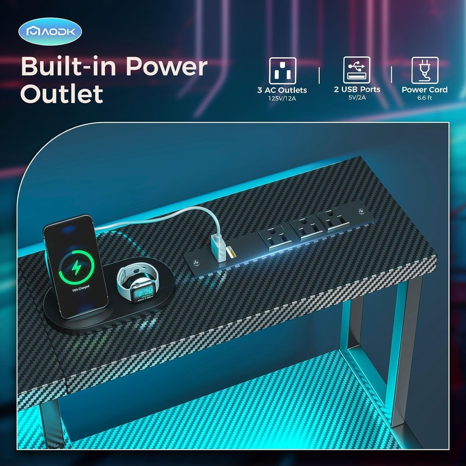 Peach Maple 48-inch LED gaming desk with built-in power outlet and shelves, featuring a sleek, modern furniture design for gaming setup.