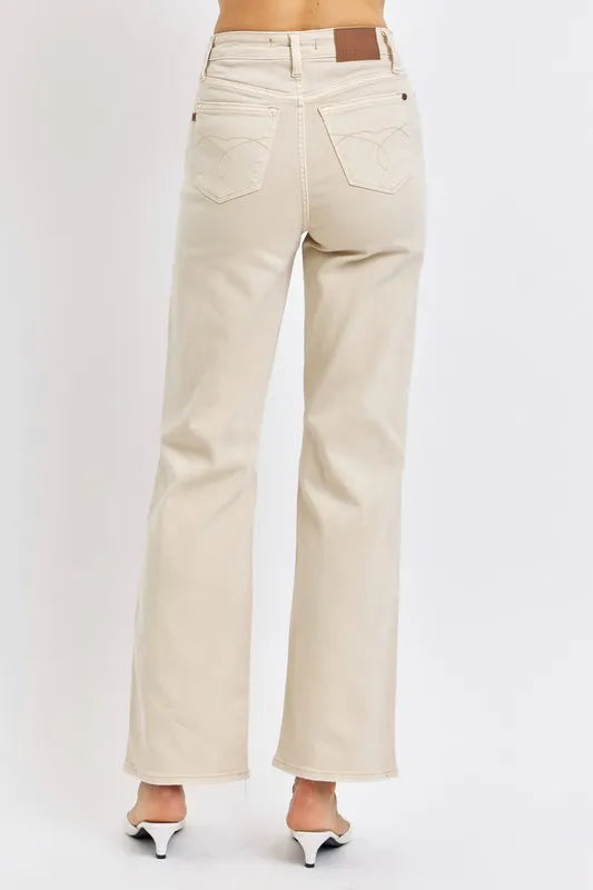 Pair of Judy Blue high waist distressed wide-leg jeans with frayed hems, shown in a full-length view.