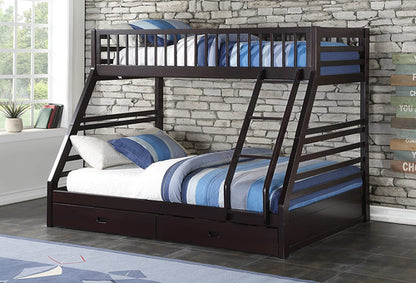Espresso finish XL Twin over Queen bunk bed with built-in drawers by Peach Maple, showcasing sturdy wood construction and storage options.