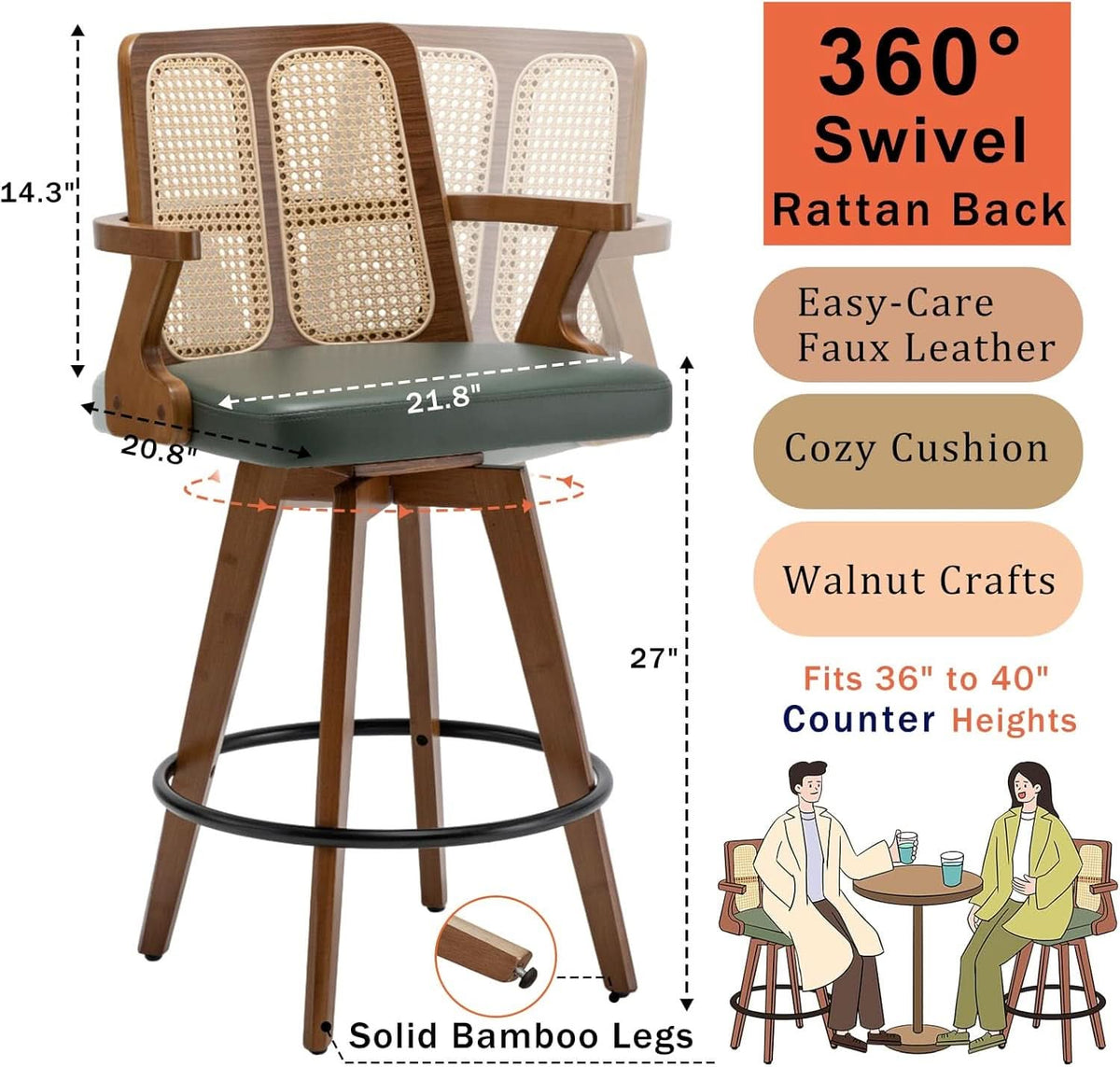 Swivel Counter Stools Set of Two with Rattan Back