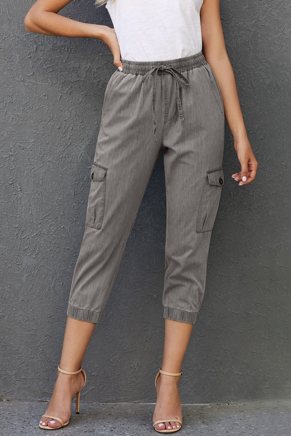 Gray drawstring cargo pocketed joggers for women by Lavender Pallas, featuring relaxed fit and comfortable casual style.