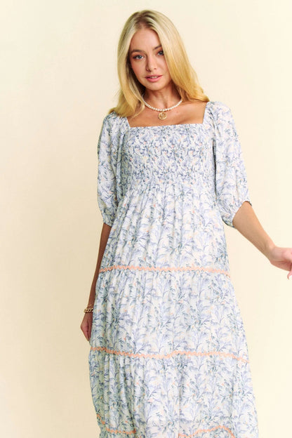 Contrast ric rac smocking bodice and tiered midi dress by Davi &amp; Dani, featuring stylish design in automotive-inspired fabric.