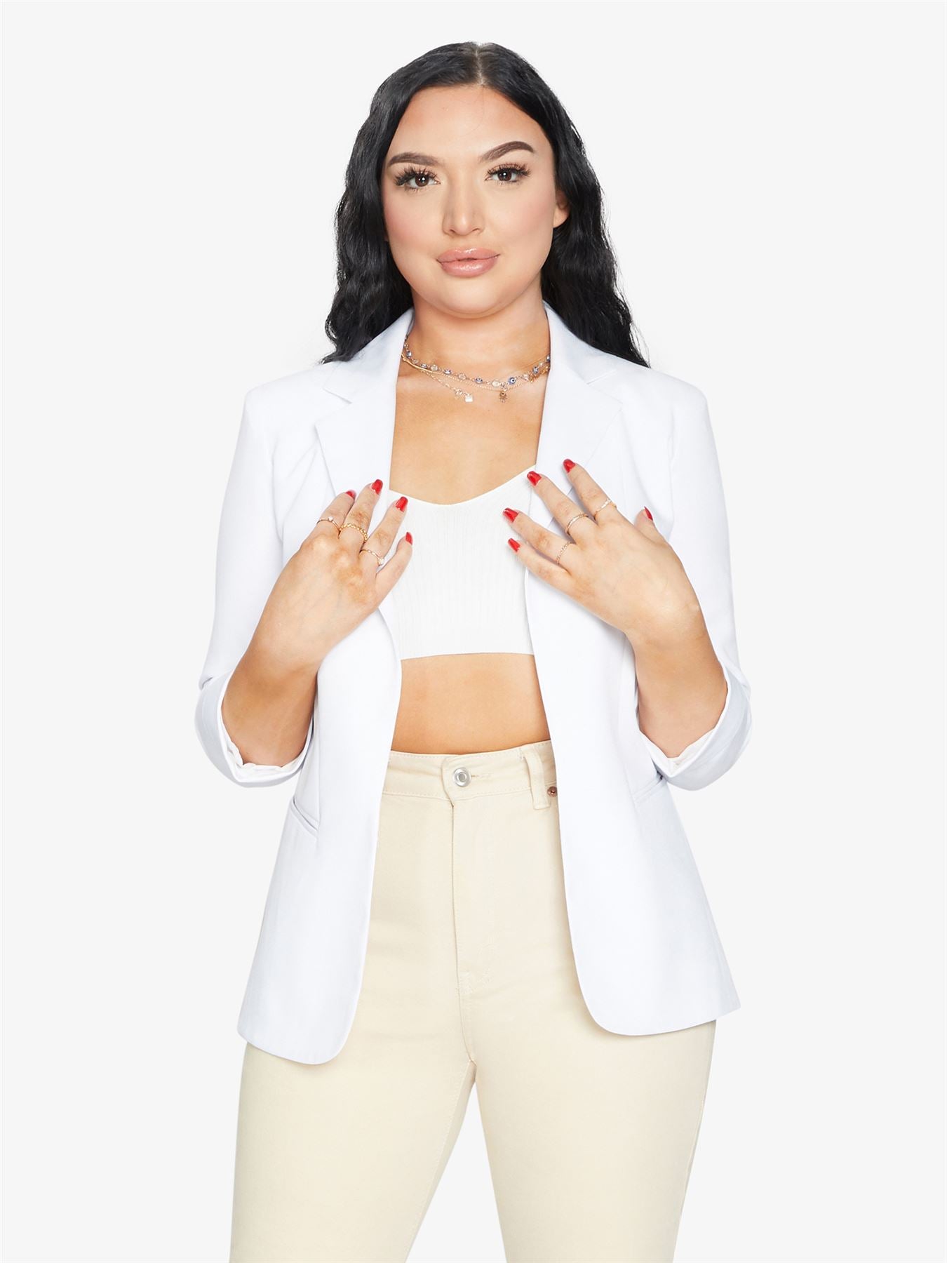 Rose Eleusis edge-to-edge blazer, stylish tailored jacket with sleek design, worn open showing lapel and long sleeves.