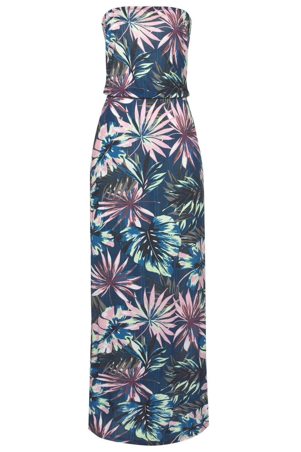 Green bohemian bandeau print maxi dress for women by Lavender Pallas, featuring a flowy, patterned design perfect for summer.