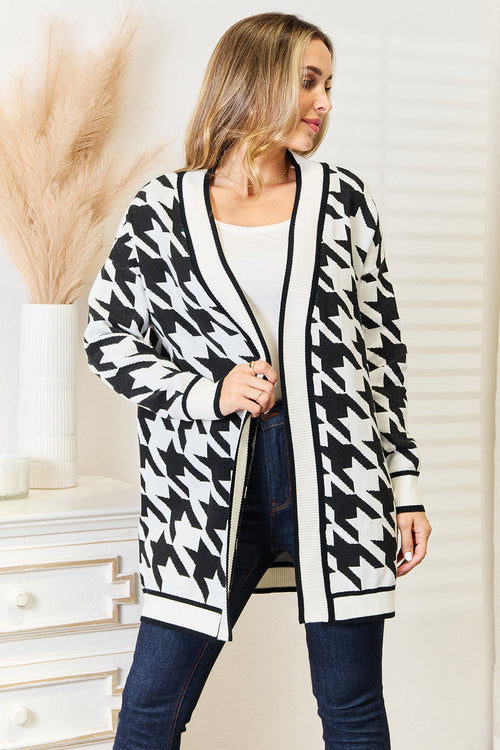 Pear Daisy Mandy Woven Houndstooth Open Front Longline Cardigan for home and garden, showcasing the stylish woven fabric and open front design.