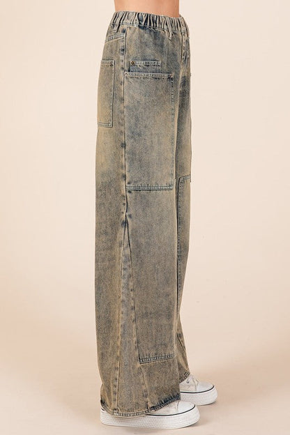 Jade Icarus Mittoshop washed wide leg jeans with pockets, displayed on a mannequin against a plain background.