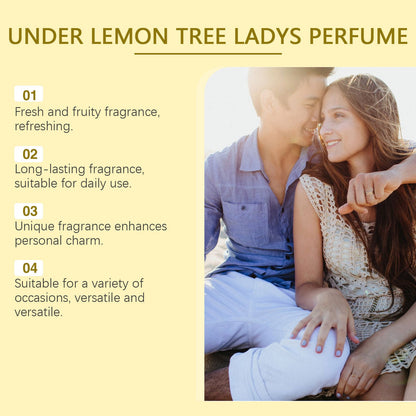 Carmine Juneberry Roxelis™ Lemon Perfume bodycare bottle with lemon and floral design under a lemon tree illustration.