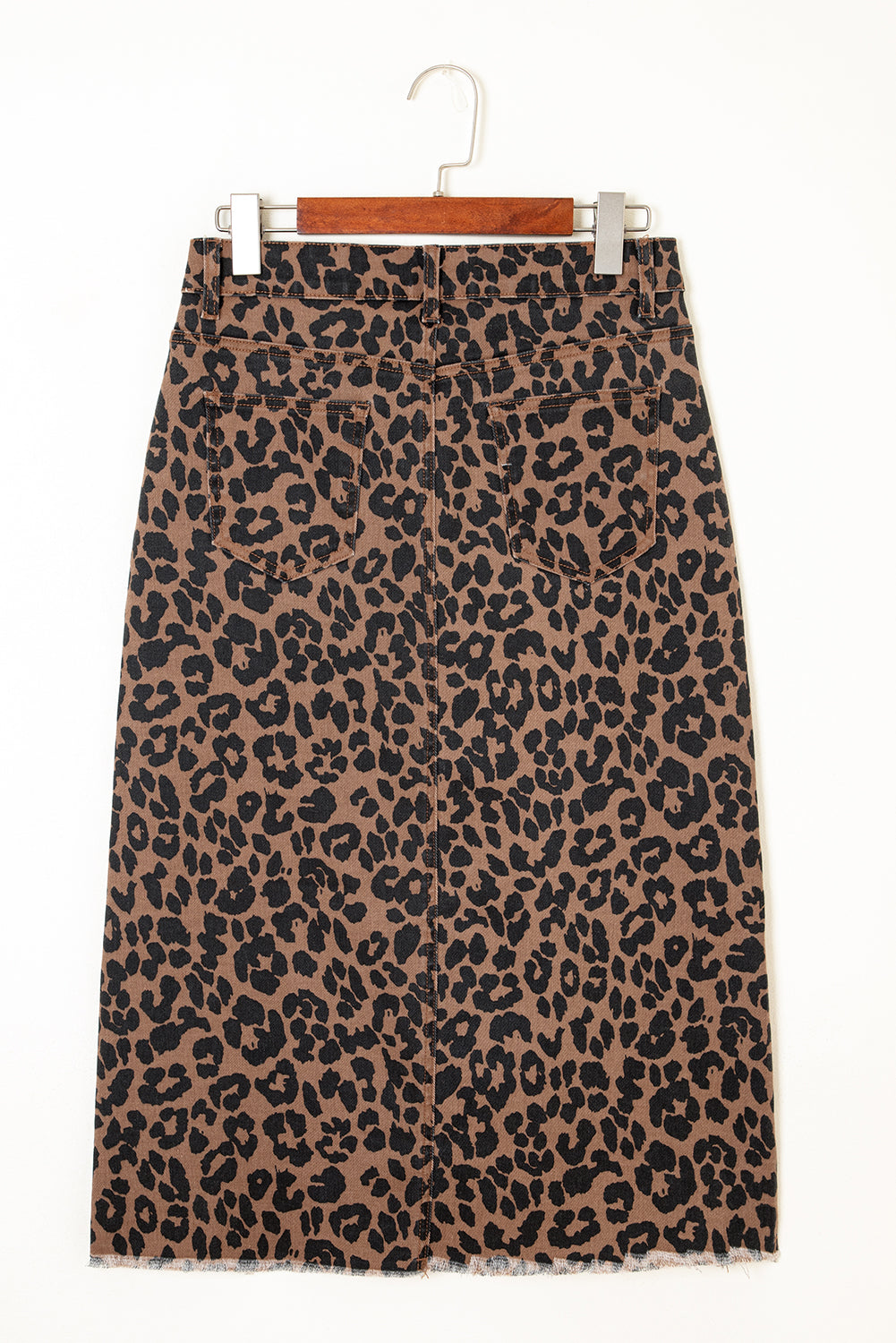 Leopard print denim midi skirt with frayed hem, women&