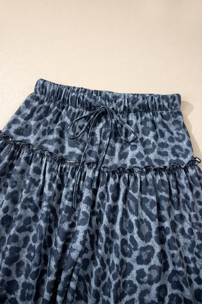 Leopard print frilled drawstring waist wide-leg pants for women by Byzantium Bay, featuring a stylish and comfortable fit.