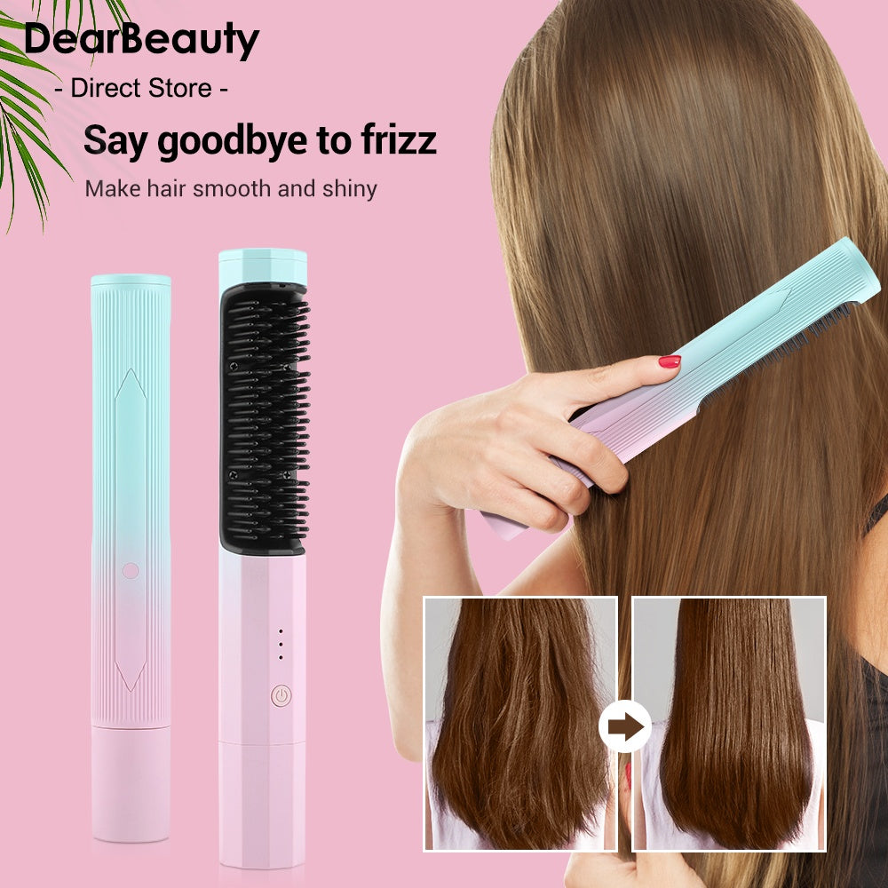 Wireless rechargeable CJDropshipping straightening comb for kids and babies, versatile hair straightener, curler, and curler in use.