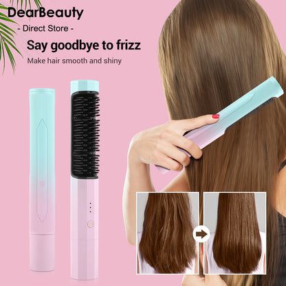 Wireless rechargeable CJDropshipping straightening comb for kids and babies, versatile hair straightener, curler, and curler in use.