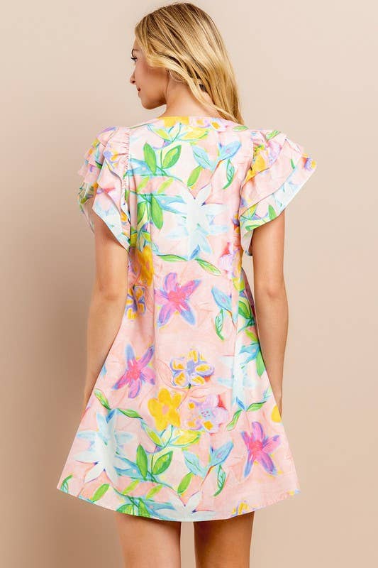 Floral printed blouse in blush with V neckline and button-down front, size L, by Byzantium Smudge.