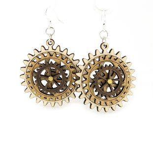 Red Sunflower Kinetic Gear Earrings 5004F featuring metallic gear design and dangling style, made of polished metal.
