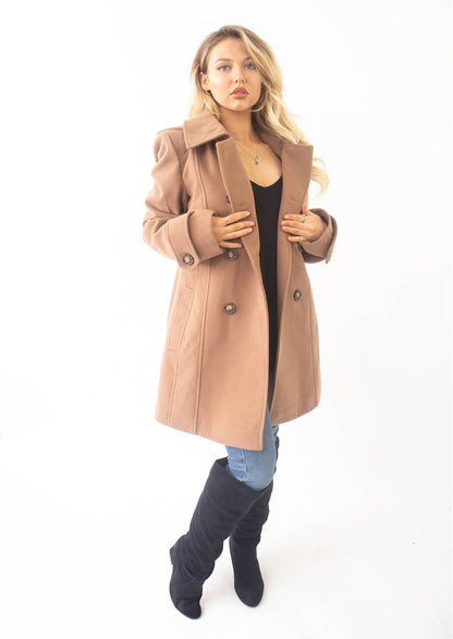 Rose Eleusis wool feel double-breasted hooded coat, stylish jacket with front buttons and a cozy hood, perfect for cold weather.